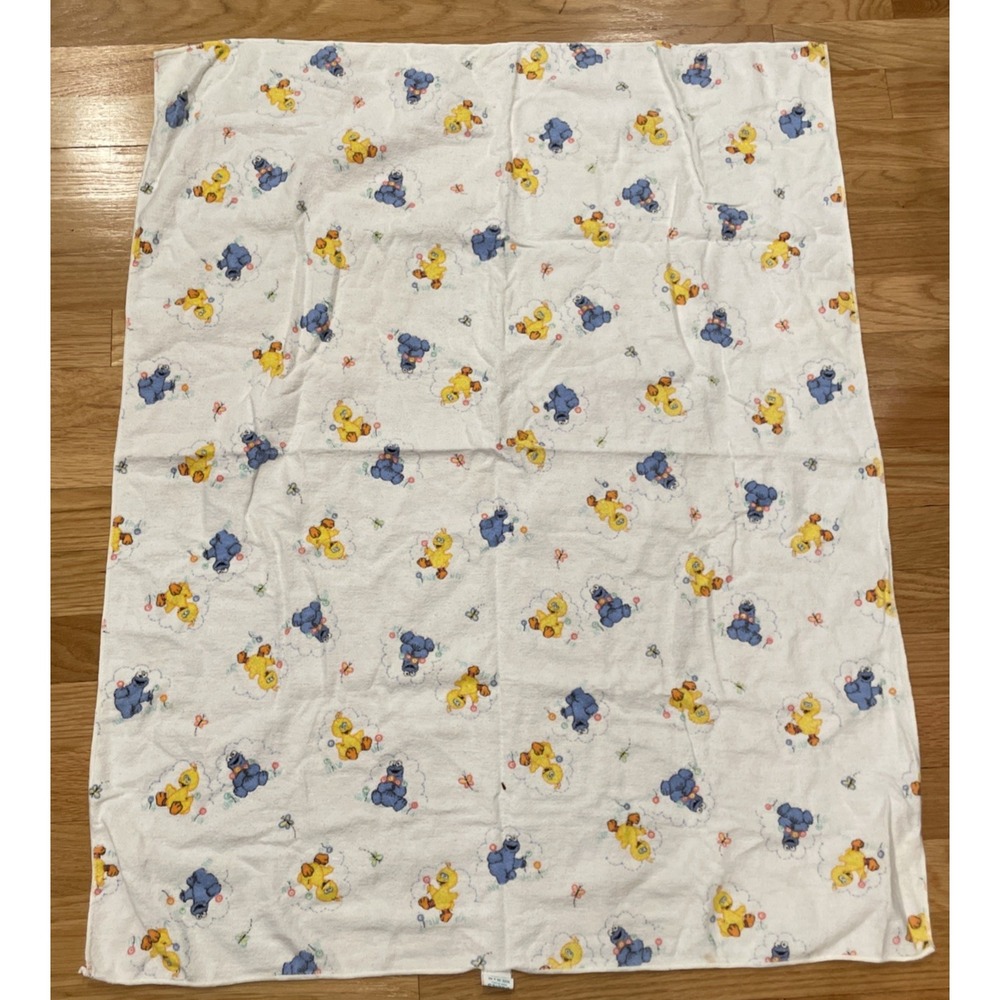 Vtg Sesame Street Baby Blanket Flannel Receiving White Big Bird Cookie Monster